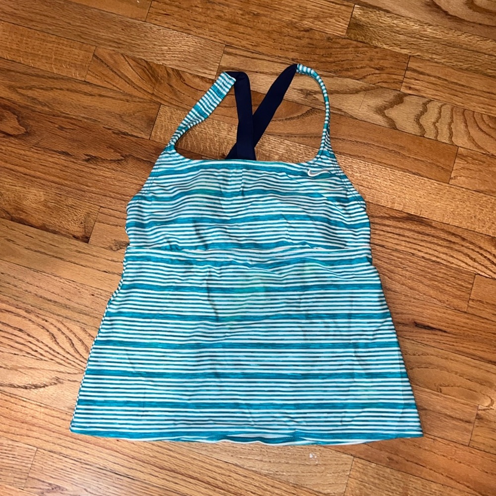 Women’s Nike, green and white stripe swim top.‎  Medium